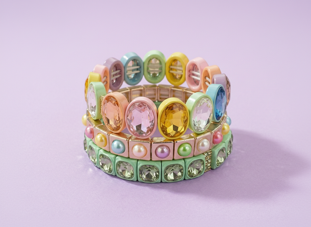 Enamel Stretch Bracelet - Large Oval Rainbow Stones - Olivia