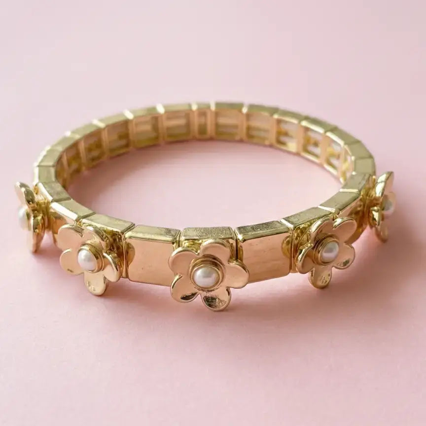 Enamel Stretch Bracelet - Flowers - Poppy - Assorted Colors: Gold w/ Gold Flowers