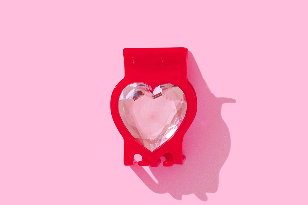Claw Hair Clip - Small - Red w/ Pink Heart Gemstones