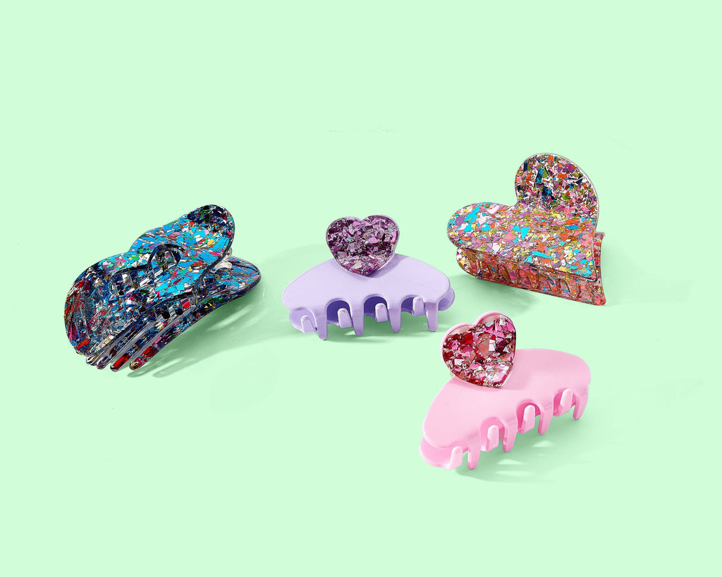 Claw Hair Clip - Medium - Small Confetti Heart - Purple