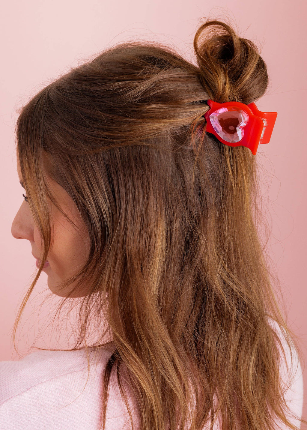 Claw Hair Clip - Small - Red w/ Pink Heart Gemstones