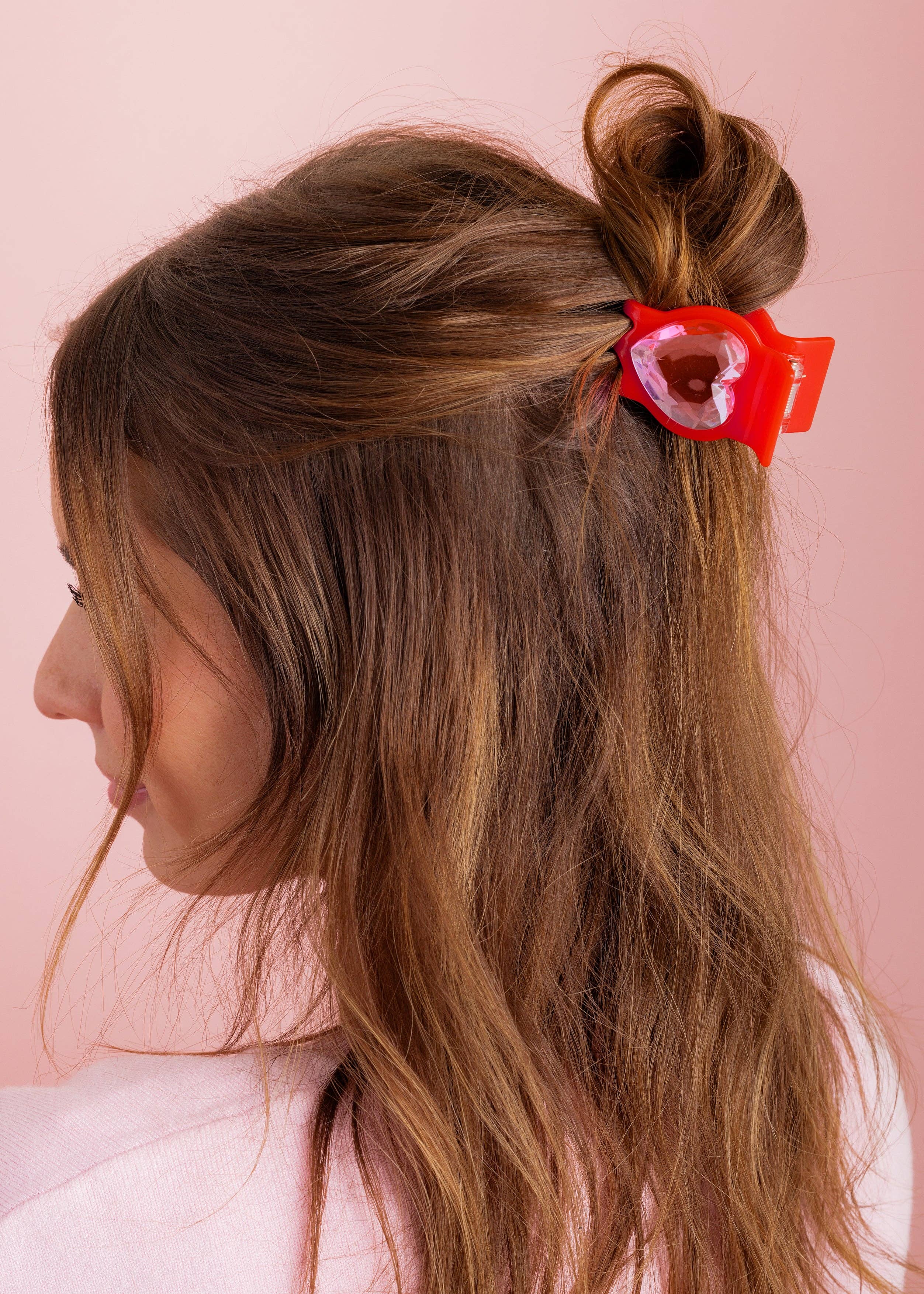 Claw Hair Clip - Small - Red w/ Pink Heart Gemstones