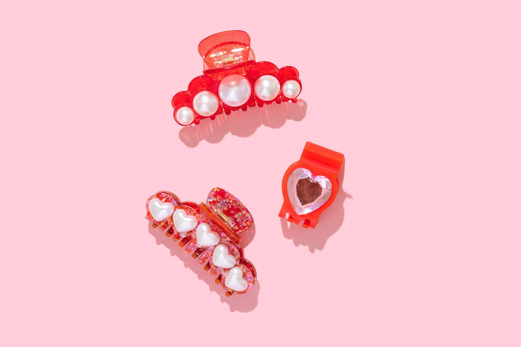 Claw Hair Clip - Small - Red w/ Pink Heart Gemstones