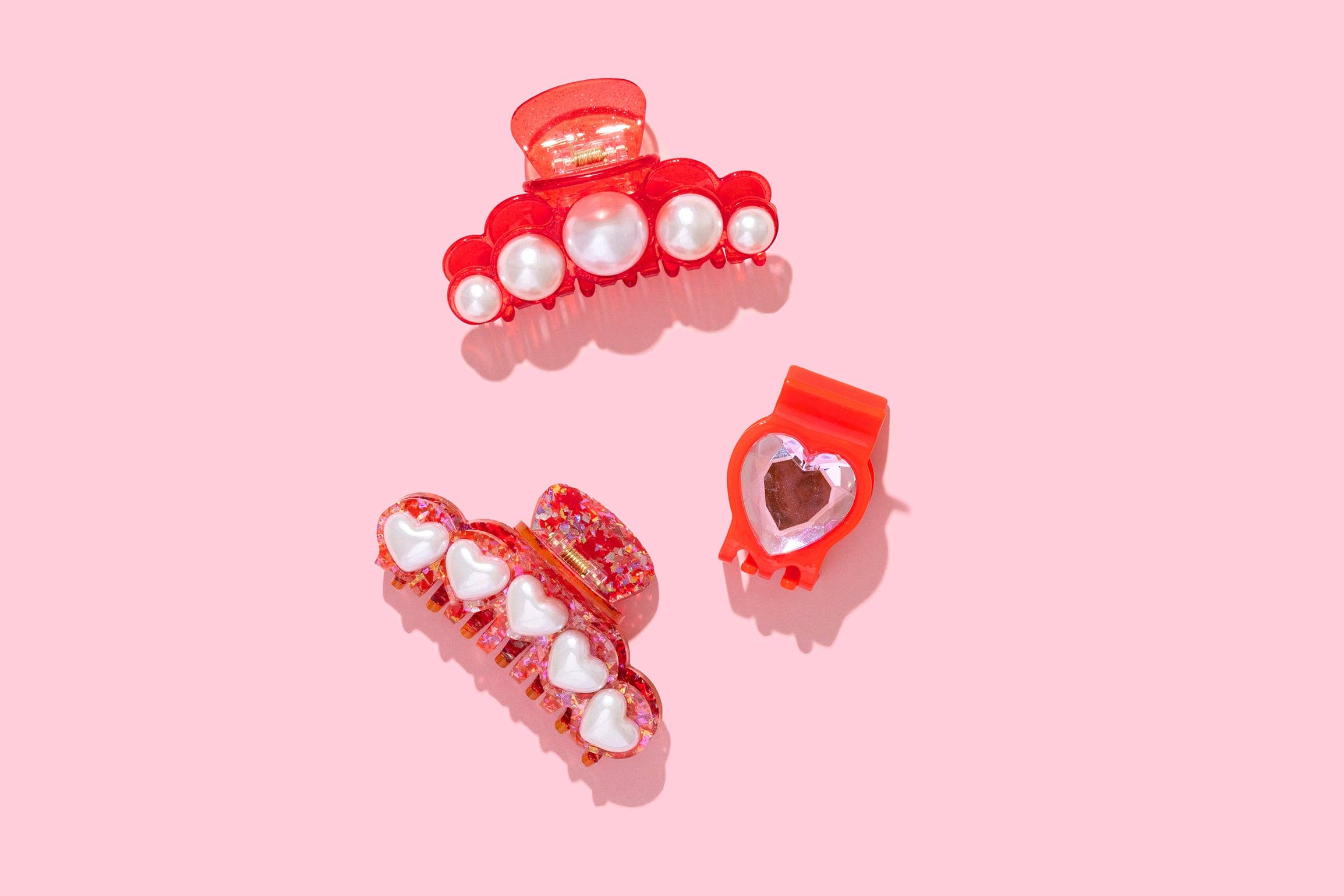 Claw Hair Clip - Small - Red w/ Pink Heart Gemstones
